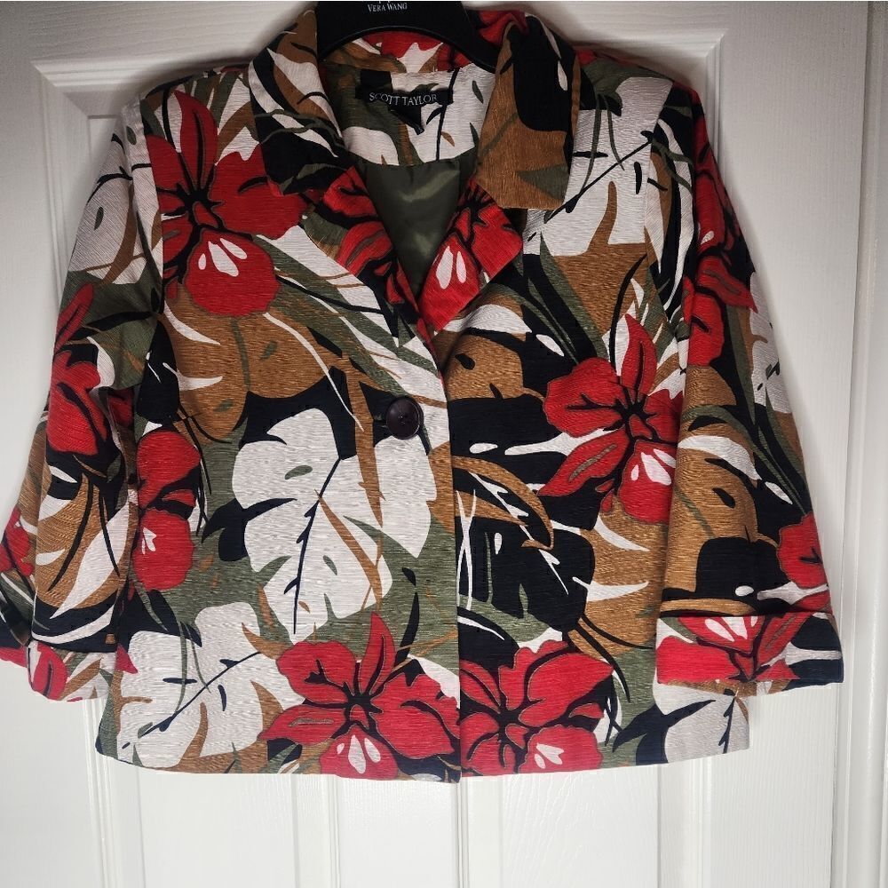 Scott Taylor L SILKBlend FloralPrint 3/4 Slv Lined Cropped 1 Button Women Blazer